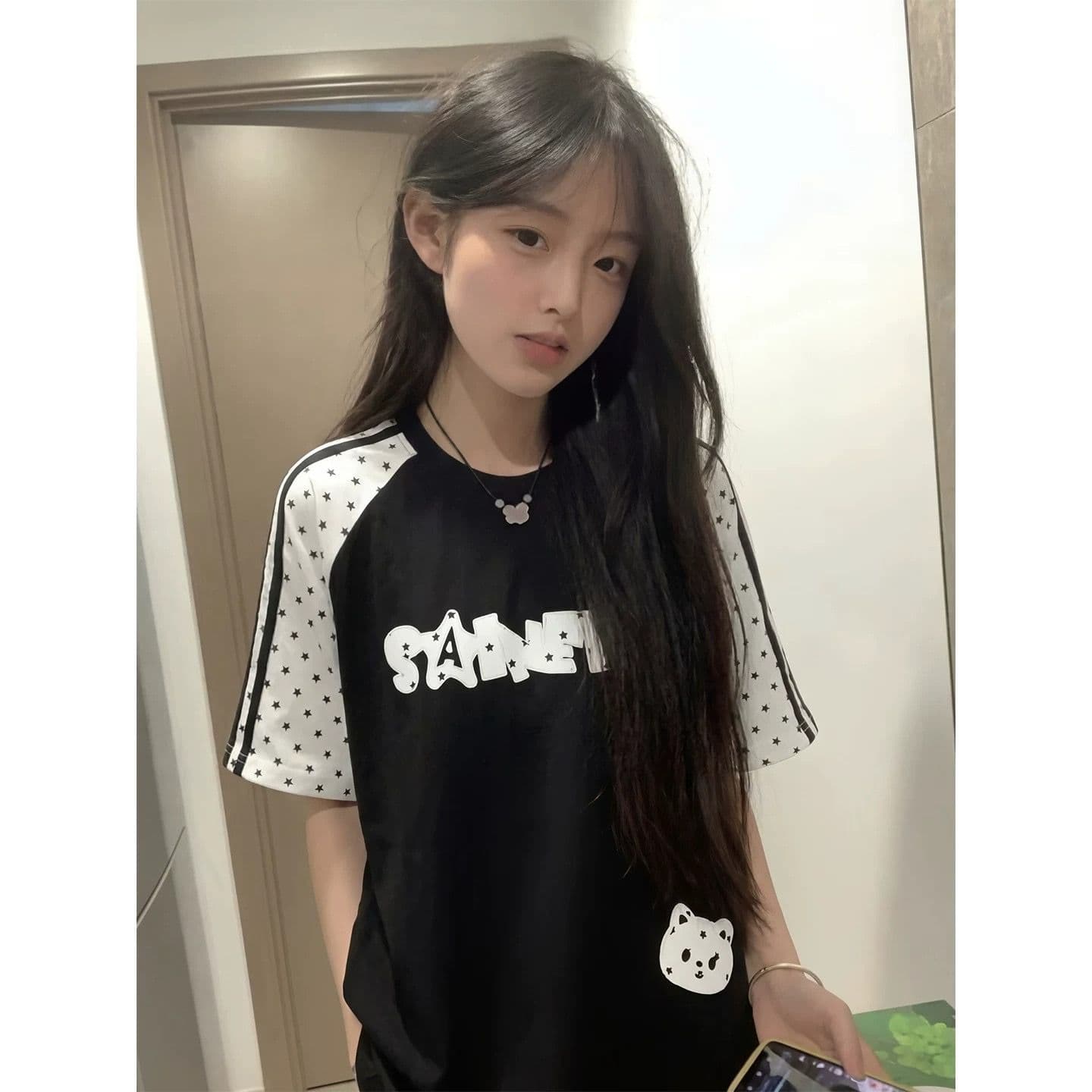 자수 패치 네리 가게 천 순면 220 그램 빗질하다 닫기 반팔 티셔츠 여성