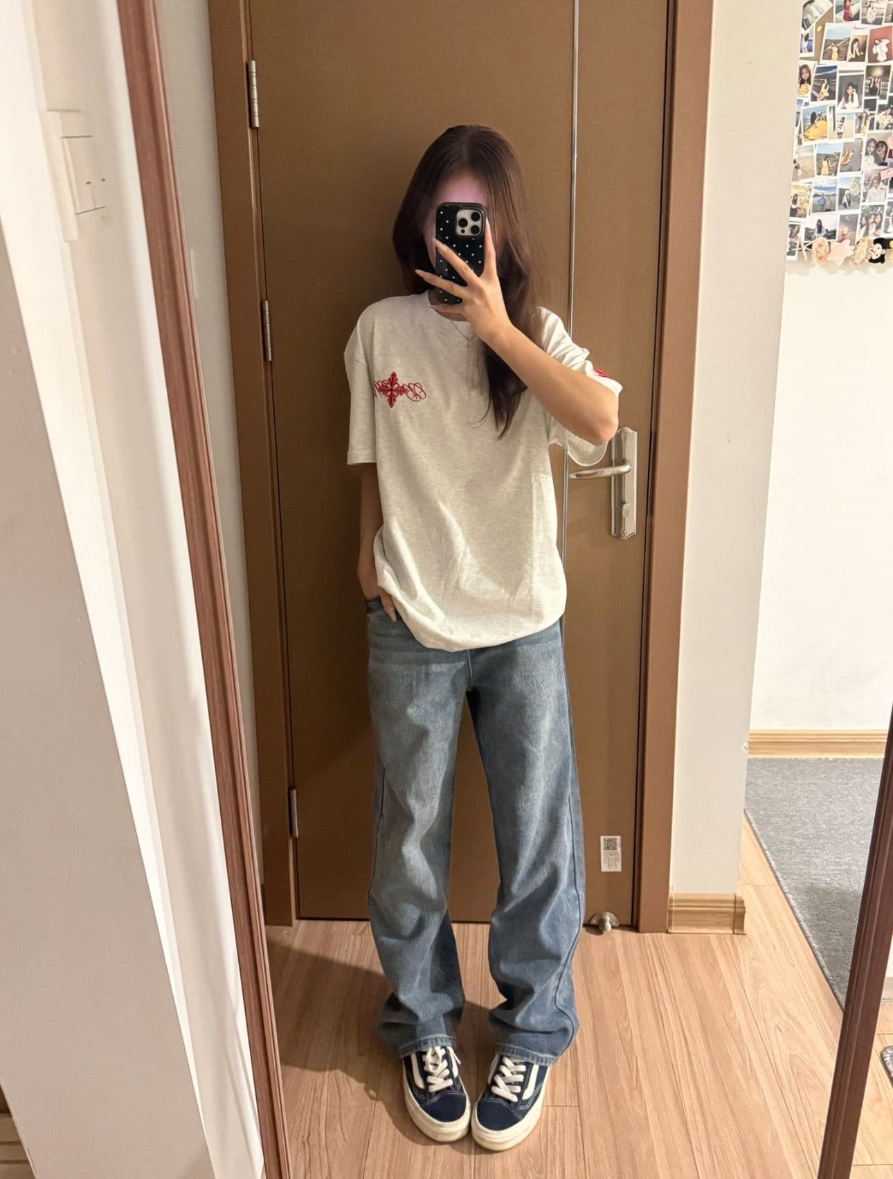 자수 네리 가게 천 순면 220 그램 빗질하다 닫기 반팔 티셔츠 여성 이미지 2