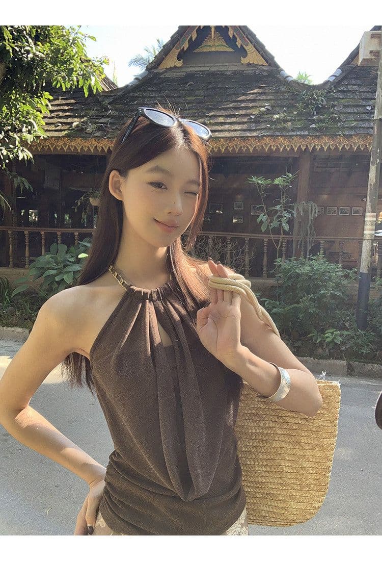 원본 원단 부품 캐미솔 여름 외출용 핫걸 백리스 몸매 가꾸기 쇼트 스타일 행침 목 맨위 상세 이미지 4