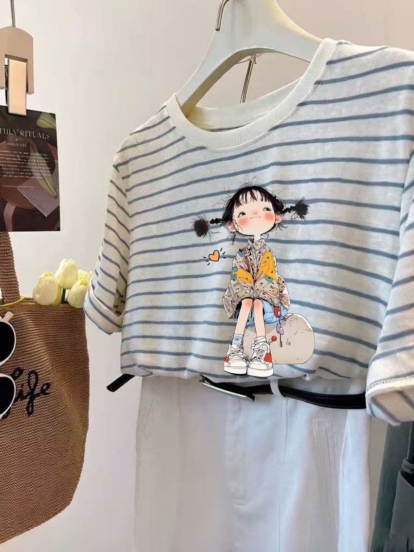 한 부서 밝은 디스플레이 화이트 스트라이프 프린트 편안함 마이크로 ~을 통해 반팔 티셔츠 여성 레저 맨위 여름 상세 이미지 2