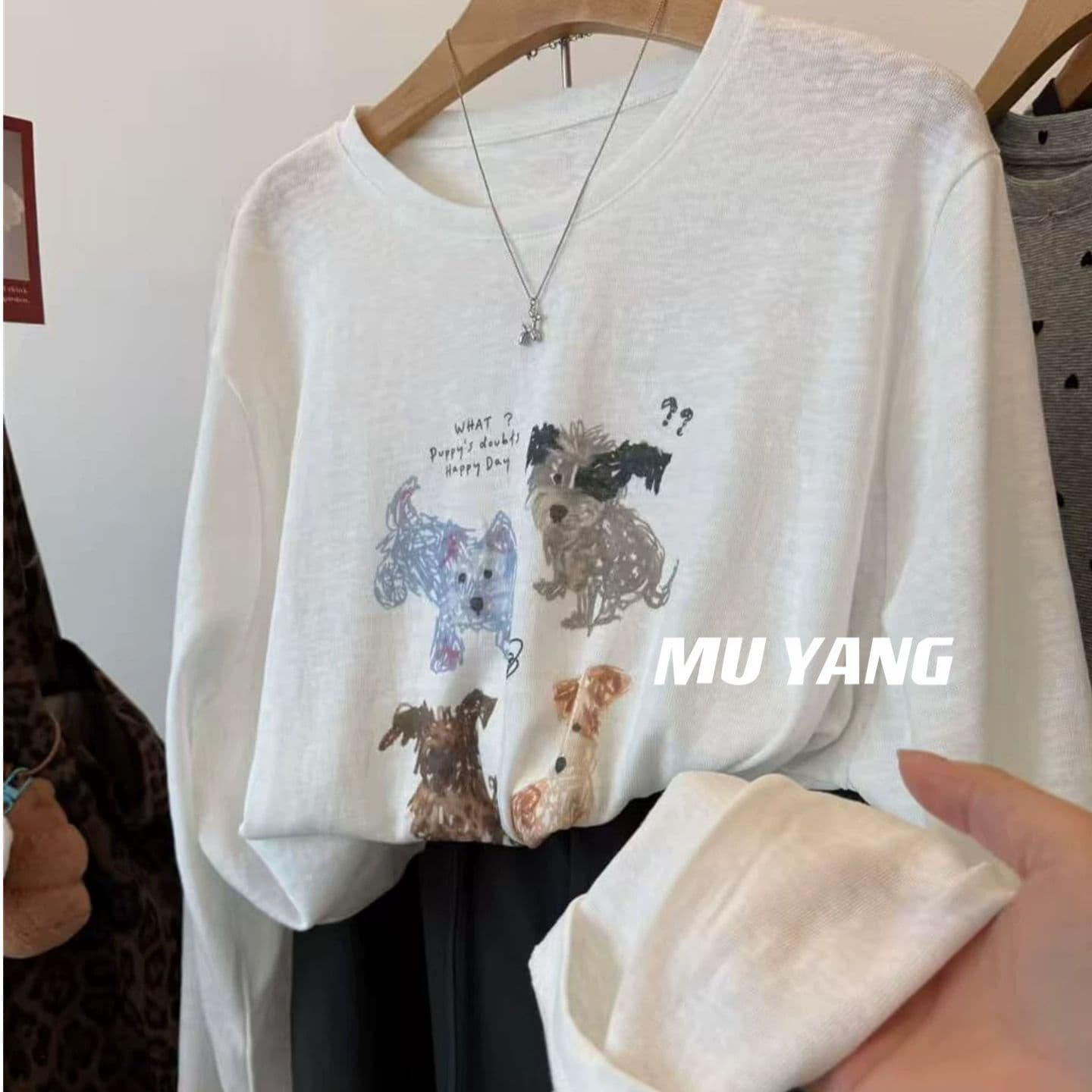 muyang 한 부서 느긋한 네 개 프린트 긴팔 티셔츠 여성 편안함 루즈핏 중간 길이 캐주얼 맨위 이미지 5