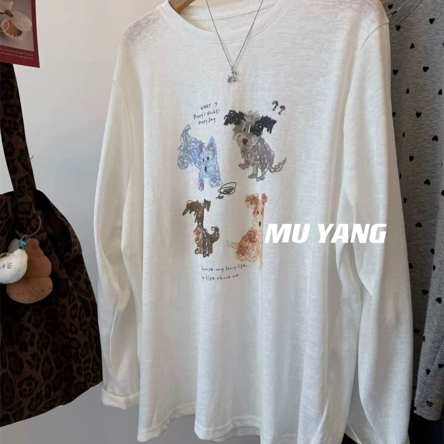 muyang 한 부서 느긋한 네 개 프린트 긴팔 티셔츠 여성 편안함 루즈핏 중간 길이 캐주얼 맨위 이미지 4