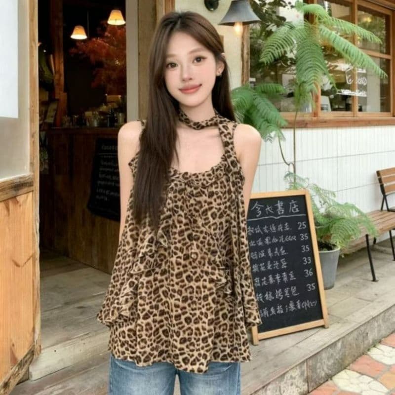 진주 쉬폰 디지털 프린트 플러스 네리 리본 루즈핏 레오파드 무늬 프린트 캐미솔 맨위 여성 상세 이미지 4