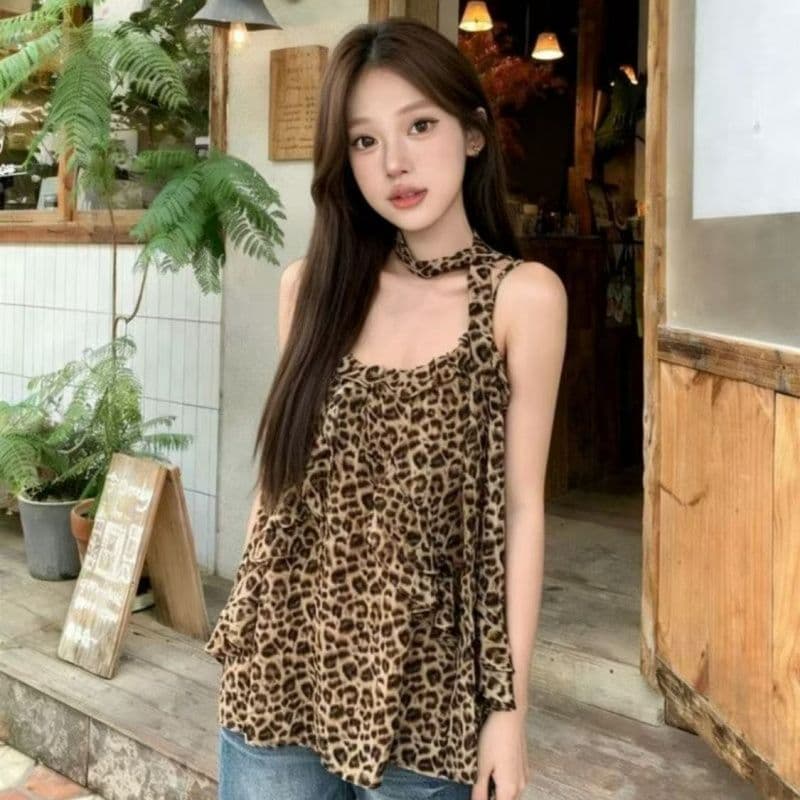 진주 쉬폰 디지털 프린트 플러스 네리 리본 루즈핏 레오파드 무늬 프린트 캐미솔 맨위 여성 상세 이미지 6