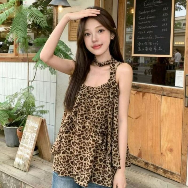 진주 쉬폰 디지털 프린트 플러스 네리 리본 루즈핏 레오파드 무늬 프린트 캐미솔 맨위 여성 상세 이미지 7