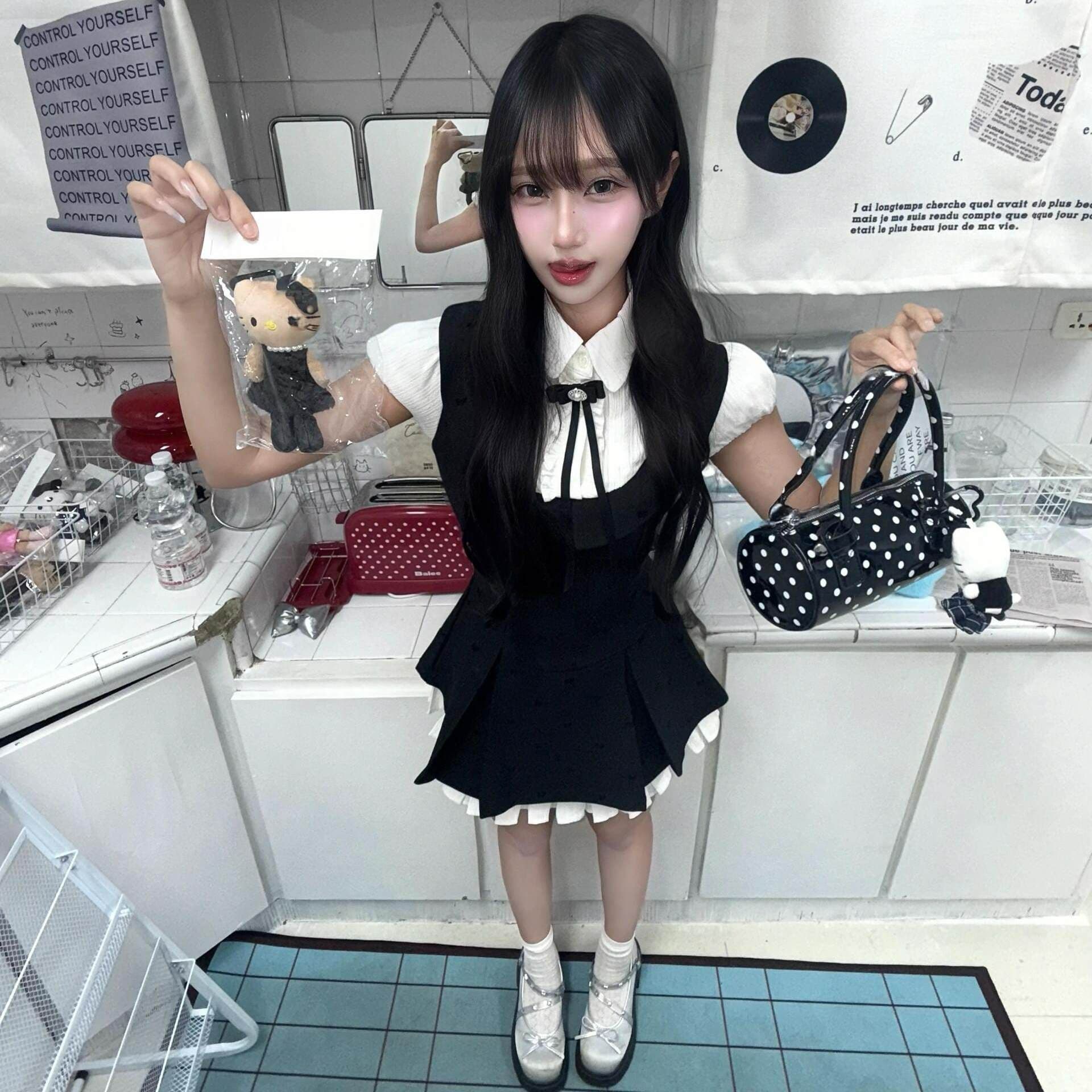 여름 자이언트 잘 생긴 ~ 중 꼬집기 허리 페이크 레이어드 학원 스타일 여성 드레스 여름 작은 키 천 골드 miu 부서 작은 검은 드레스 이미지 4