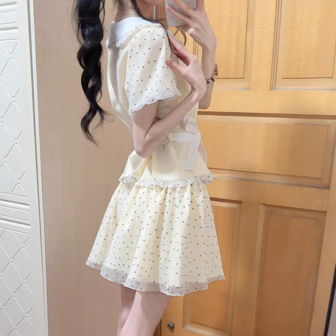 달콤한 자매 학원 스타일 도트 무늬 반신 치마 세트 여성 여름 베이비 칼라 반팔 맨위 케이크 미니 스커트 투피스 세트 이미지 4