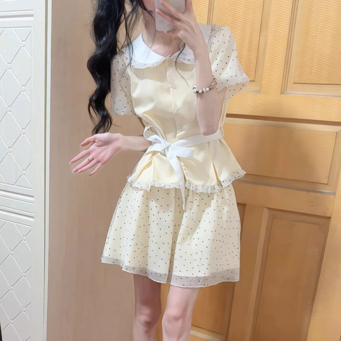 달콤한 자매 학원 스타일 도트 무늬 반신 치마 세트 여성 여름 베이비 칼라 반팔 맨위 케이크 미니 스커트 투피스 세트 이미지 5