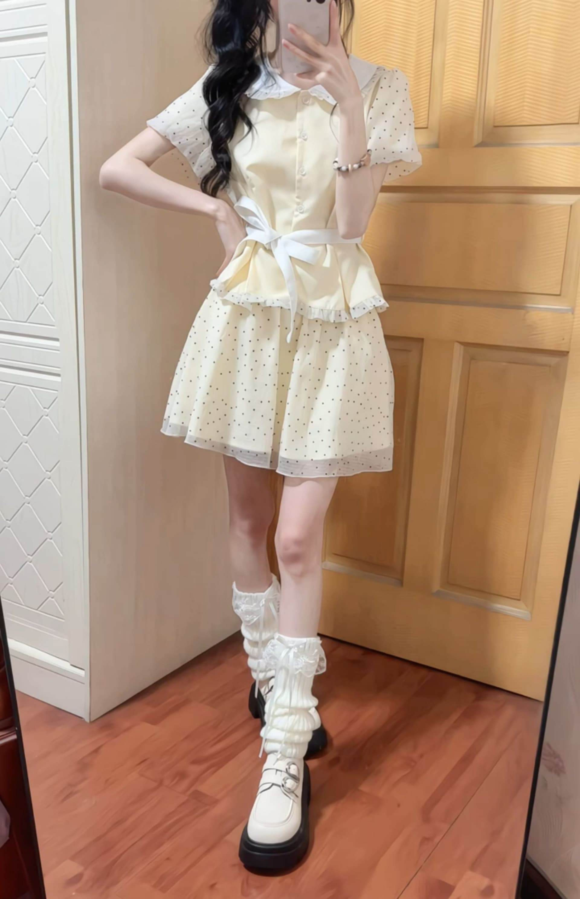 달콤한 자매 학원 스타일 도트 무늬 반신 치마 세트 여성 여름 베이비 칼라 반팔 맨위 케이크 미니 스커트 투피스 세트 상세 이미지 7