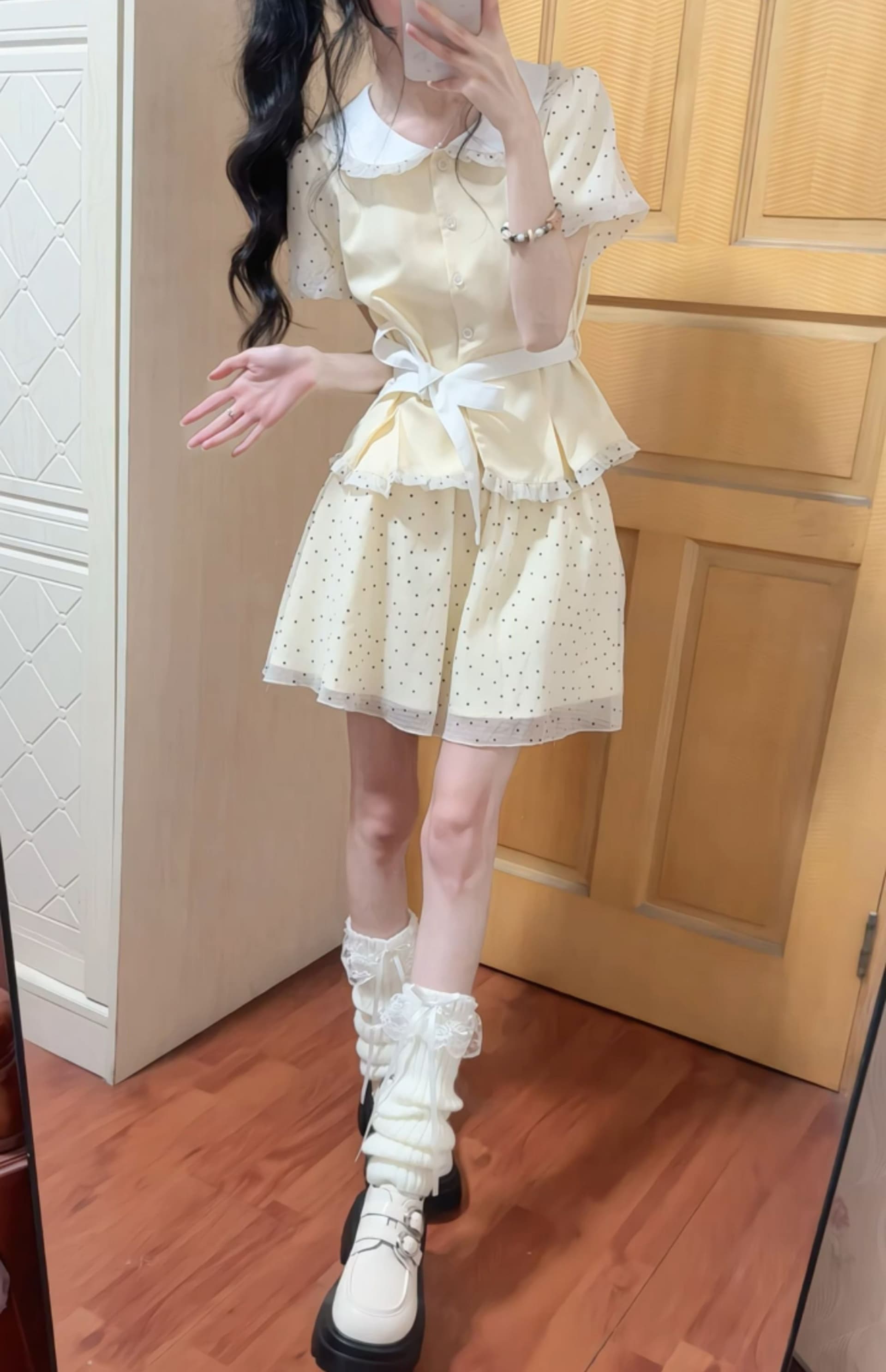 달콤한 자매 학원 스타일 도트 무늬 반신 치마 세트 여성 여름 베이비 칼라 반팔 맨위 케이크 미니 스커트 투피스 세트 상세 이미지 13
