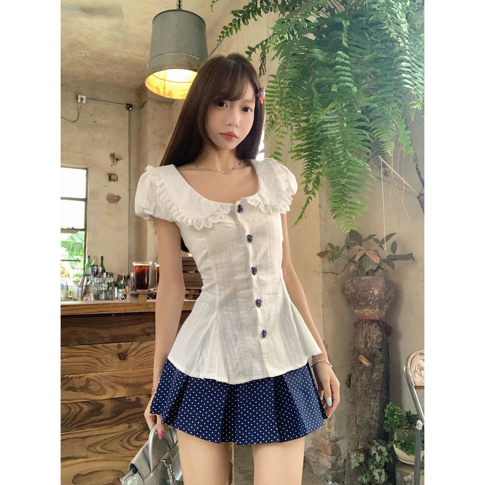 프랑스식 달콤함 베이비 칼라 허리 수축 스트랩 거품 소매 맨위 여성 봄 여름 새로운 도트 무늬 반신 스커트 투피스 슈트