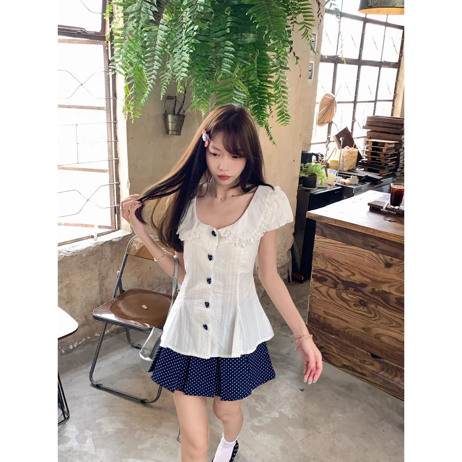 프랑스식 달콤함 베이비 칼라 허리 수축 스트랩 거품 소매 맨위 여성 봄 여름 새로운 도트 무늬 반신 스커트 투피스 슈트 이미지 2