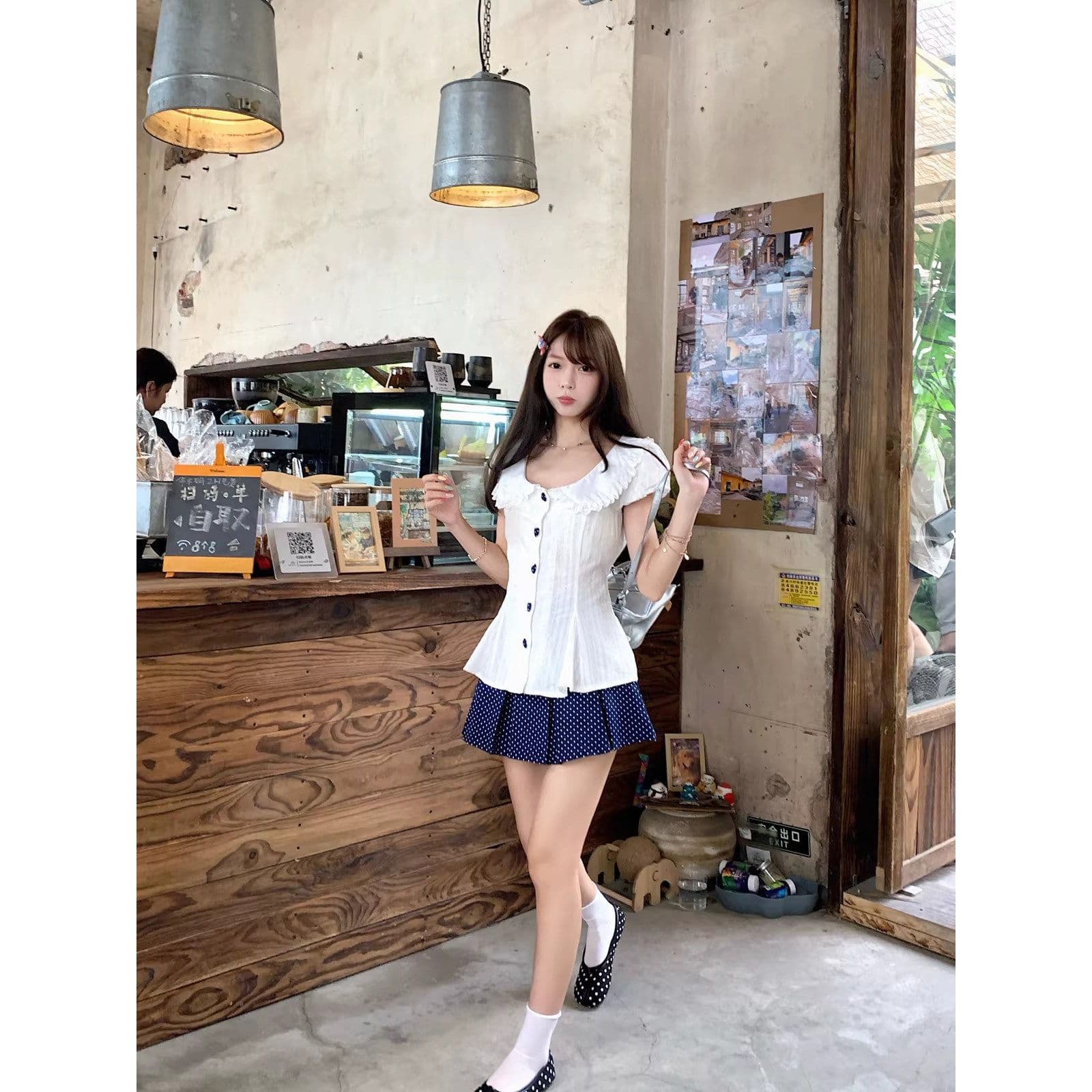 프랑스식 달콤함 베이비 칼라 허리 수축 스트랩 거품 소매 맨위 여성 봄 여름 새로운 도트 무늬 반신 스커트 투피스 슈트 이미지 5