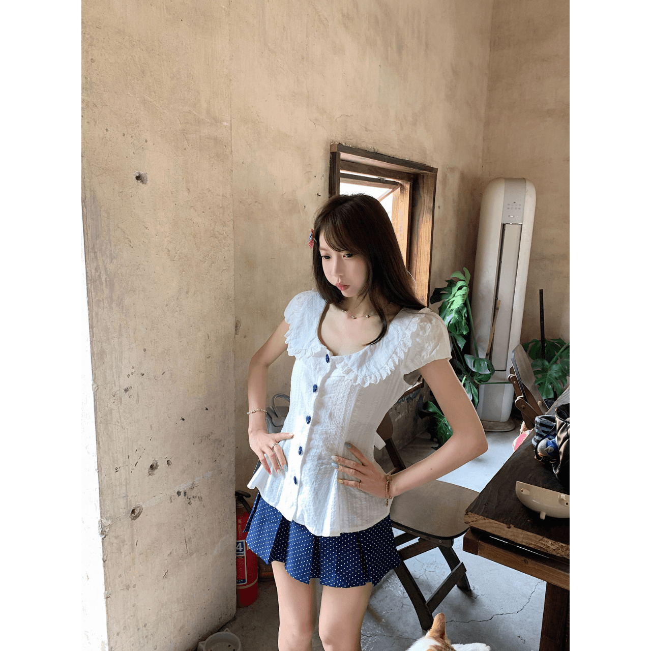 프랑스식 달콤함 베이비 칼라 허리 수축 스트랩 거품 소매 맨위 여성 봄 여름 새로운 도트 무늬 반신 스커트 투피스 슈트 이미지 4