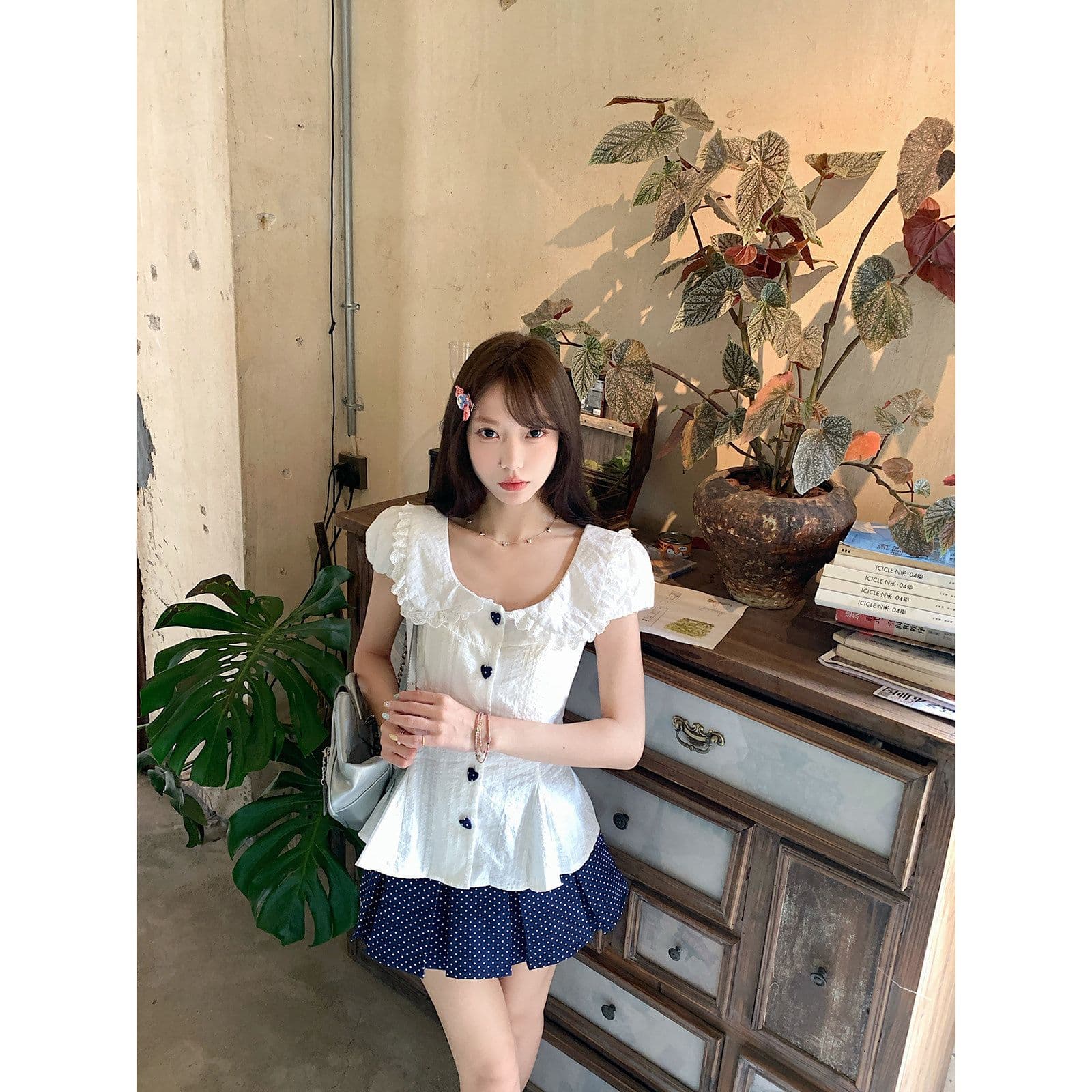 프랑스식 달콤함 베이비 칼라 허리 수축 스트랩 거품 소매 맨위 여성 봄 여름 새로운 도트 무늬 반신 스커트 투피스 슈트 이미지 3