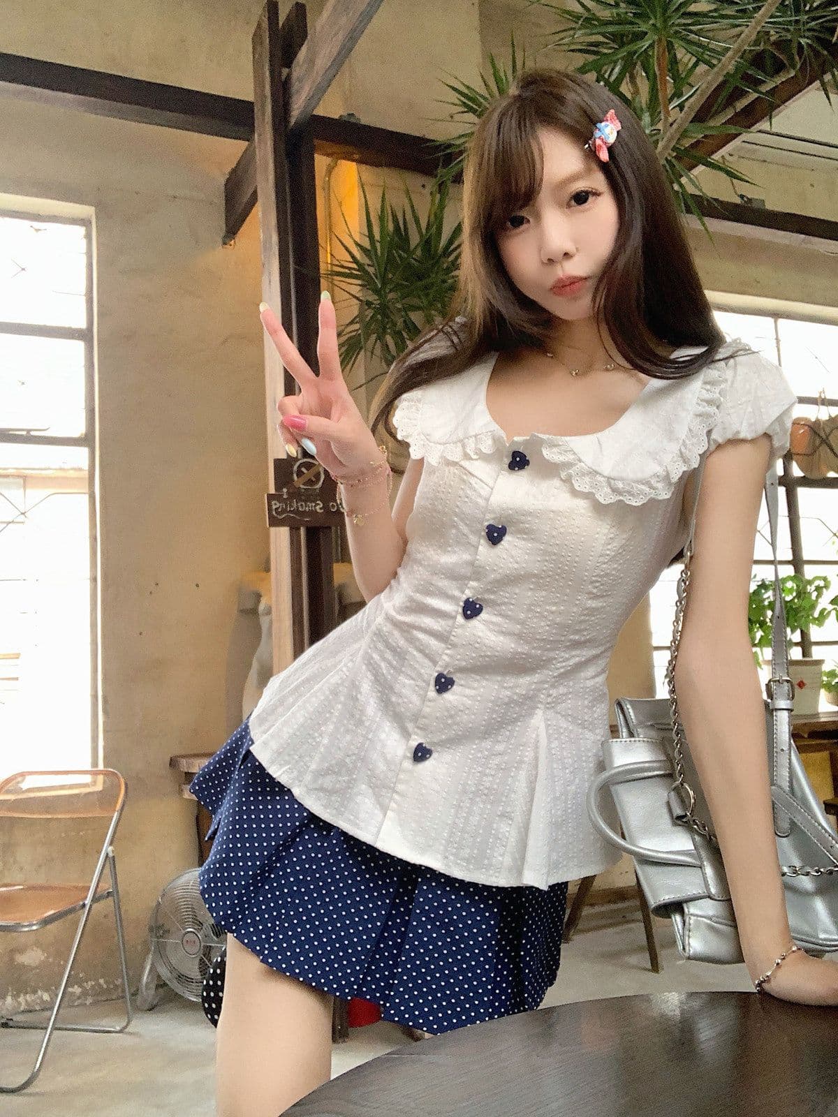 프랑스식 달콤함 베이비 칼라 허리 수축 스트랩 거품 소매 맨위 여성 봄 여름 새로운 도트 무늬 반신 스커트 투피스 슈트 상세 이미지 3