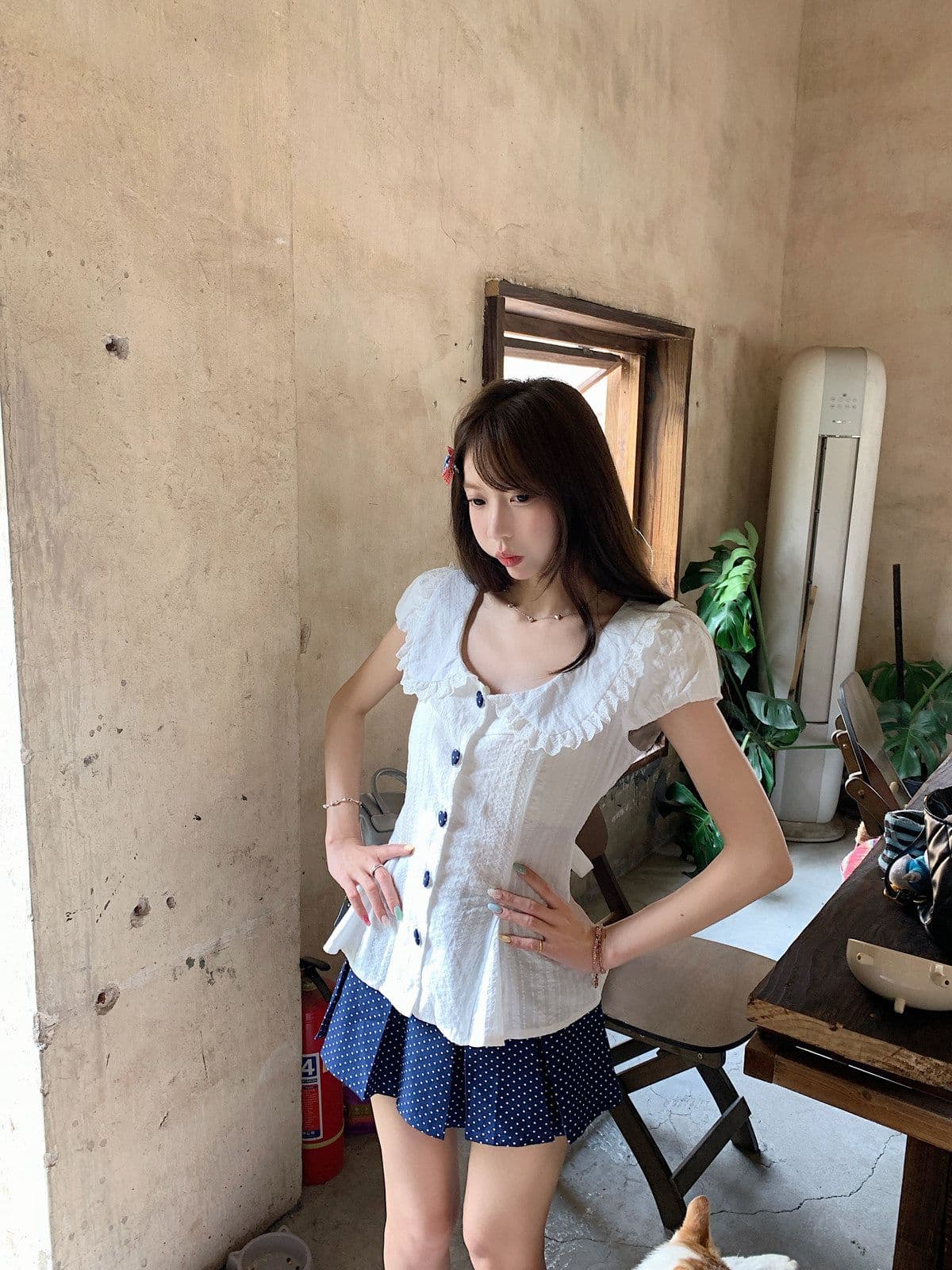 프랑스식 달콤함 베이비 칼라 허리 수축 스트랩 거품 소매 맨위 여성 봄 여름 새로운 도트 무늬 반신 스커트 투피스 슈트 상세 이미지 6