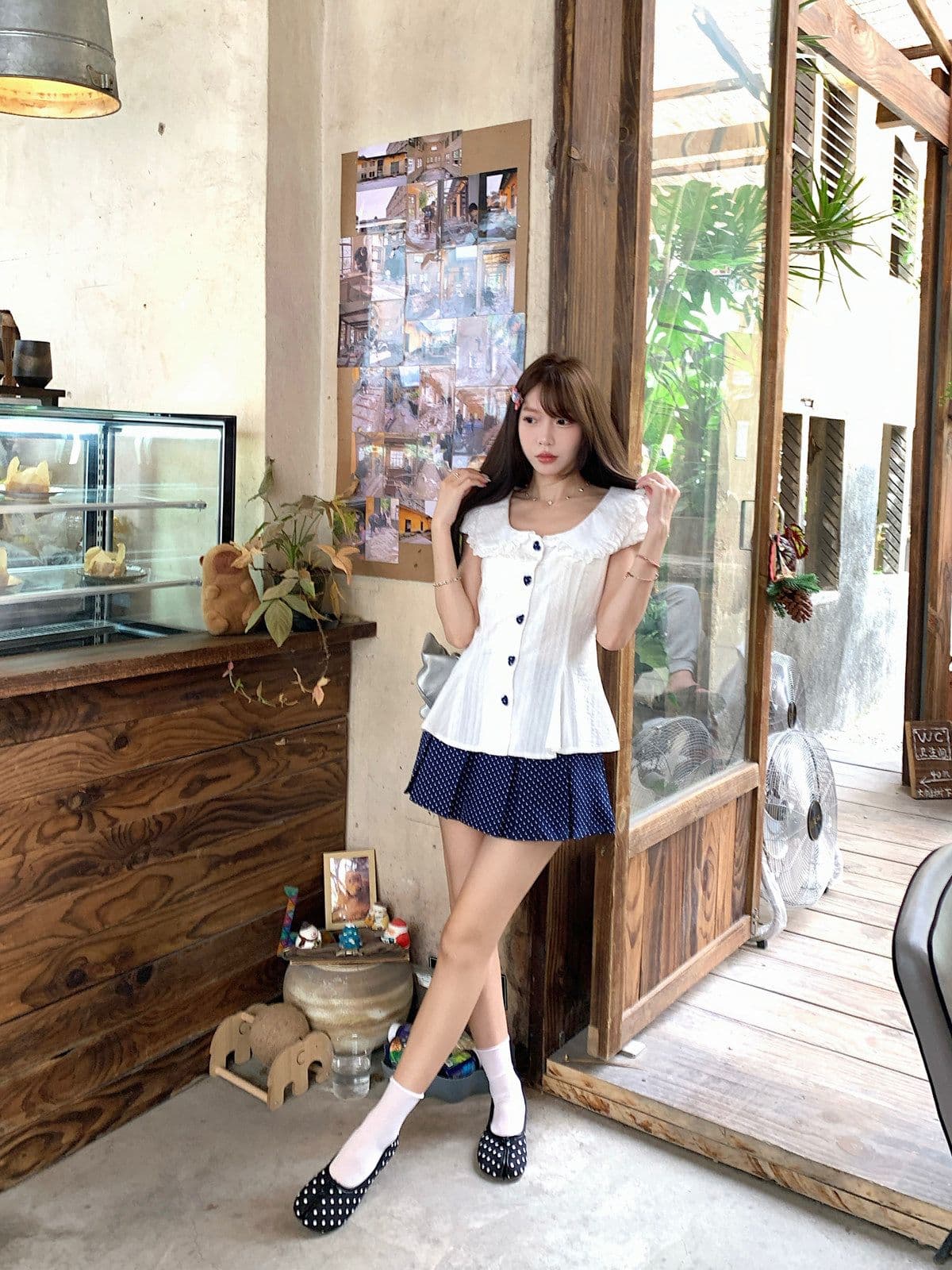 프랑스식 달콤함 베이비 칼라 허리 수축 스트랩 거품 소매 맨위 여성 봄 여름 새로운 도트 무늬 반신 스커트 투피스 슈트 상세 이미지 8
