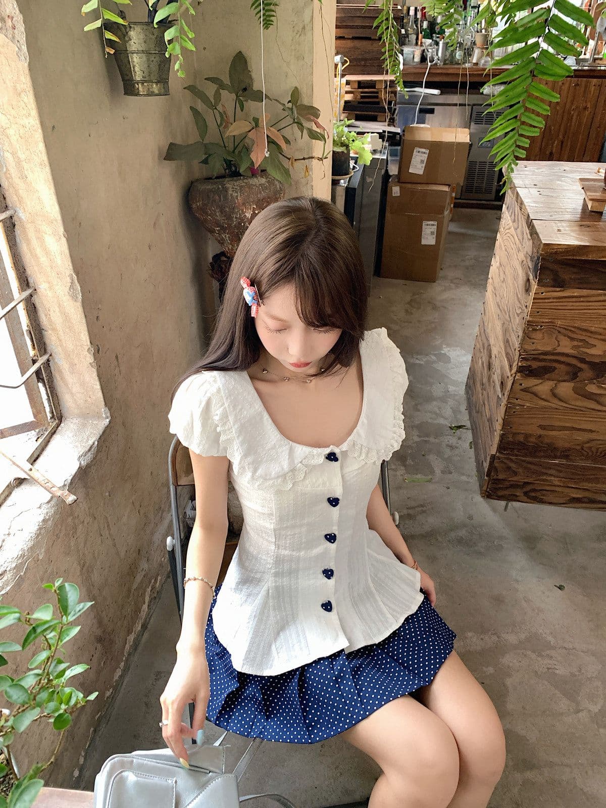 프랑스식 달콤함 베이비 칼라 허리 수축 스트랩 거품 소매 맨위 여성 봄 여름 새로운 도트 무늬 반신 스커트 투피스 슈트 상세 이미지 12