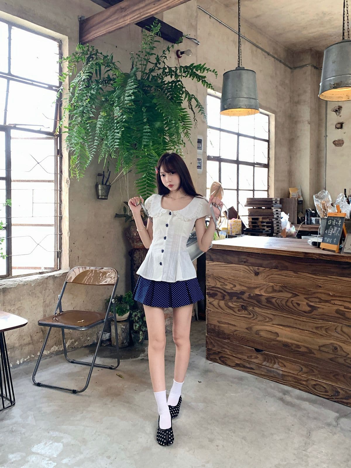 프랑스식 달콤함 베이비 칼라 허리 수축 스트랩 거품 소매 맨위 여성 봄 여름 새로운 도트 무늬 반신 스커트 투피스 슈트 상세 이미지 13