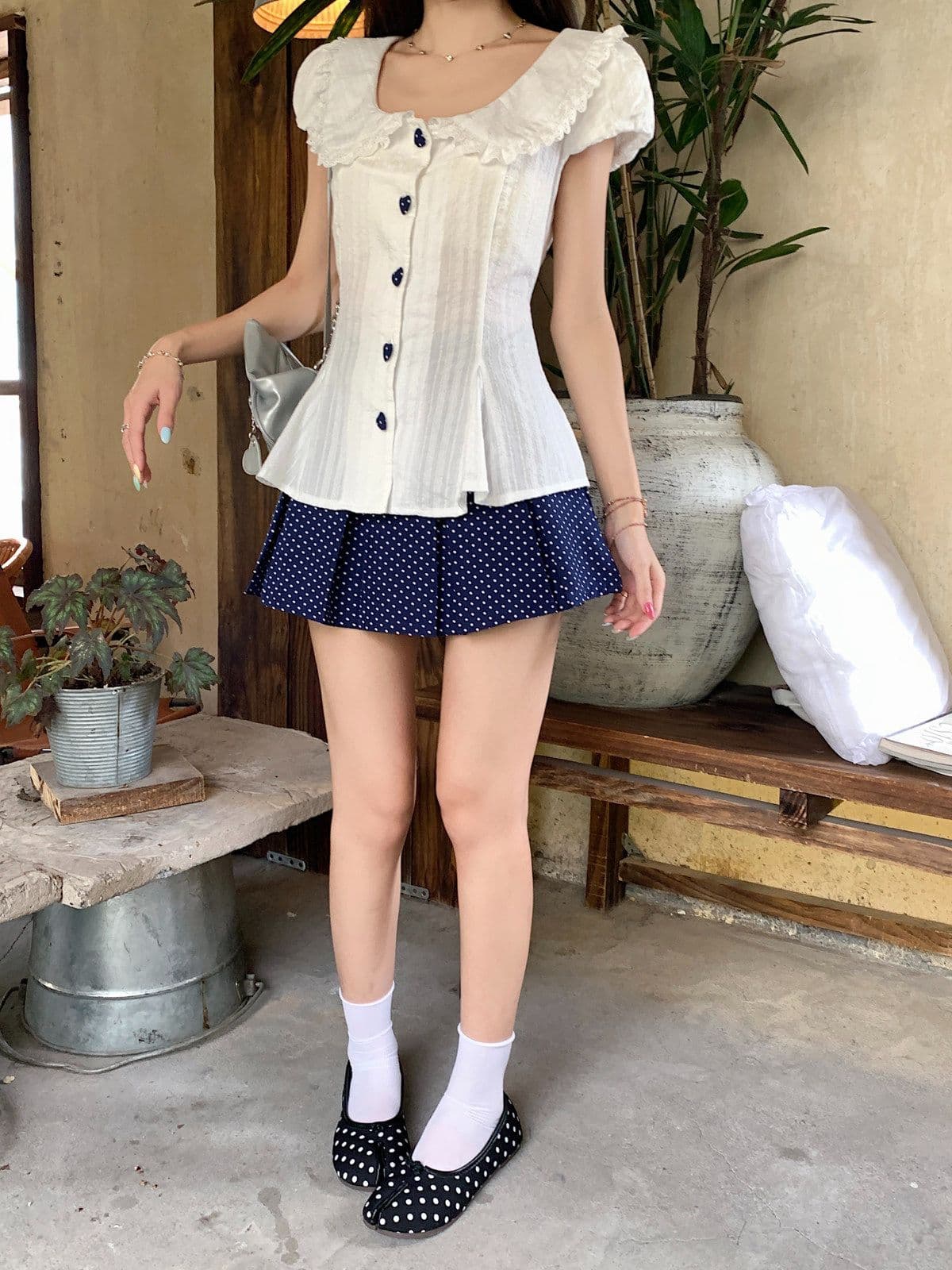 프랑스식 달콤함 베이비 칼라 허리 수축 스트랩 거품 소매 맨위 여성 봄 여름 새로운 도트 무늬 반신 스커트 투피스 슈트 상세 이미지 14