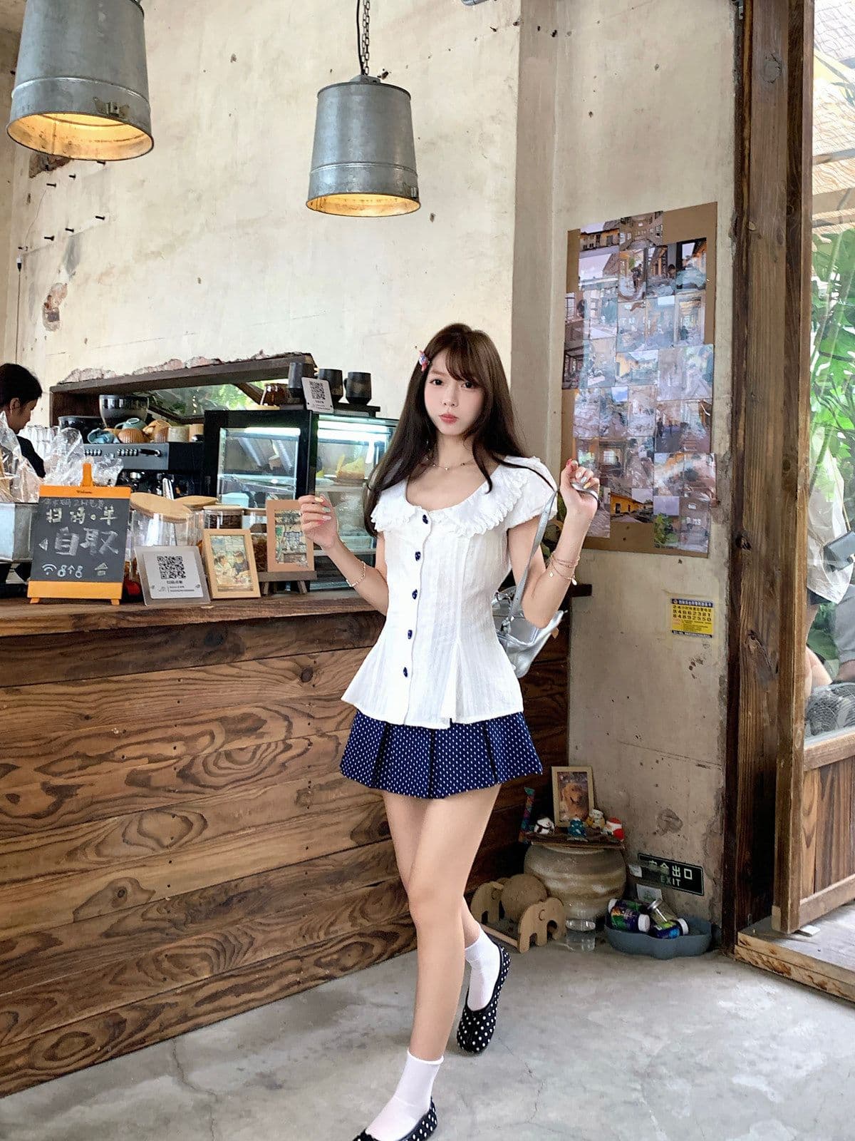 프랑스식 달콤함 베이비 칼라 허리 수축 스트랩 거품 소매 맨위 여성 봄 여름 새로운 도트 무늬 반신 스커트 투피스 슈트 상세 이미지 15