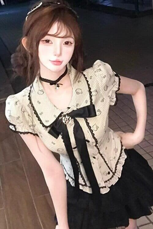 일본식 달콤함 학원 스타일 나비 매듭 반팔 허리 수축 셔츠 맨위 여성 하이웨이스트 퍼프 케이크 드레스 두 세트 로드 중 상세 이미지 7