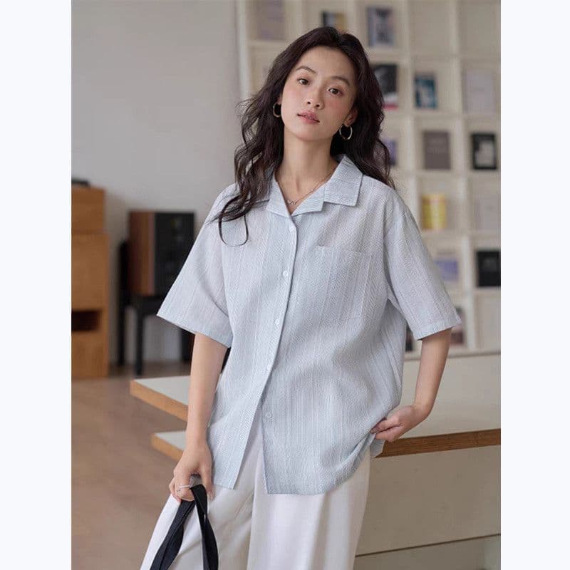 프랑스식 스트라이프 반팔 여성 셔츠 여름 새로운 디자인 센스 작은 대중 쿠바 칼라 셔츠 학원 스타일 파란색 맨위 이미지 5