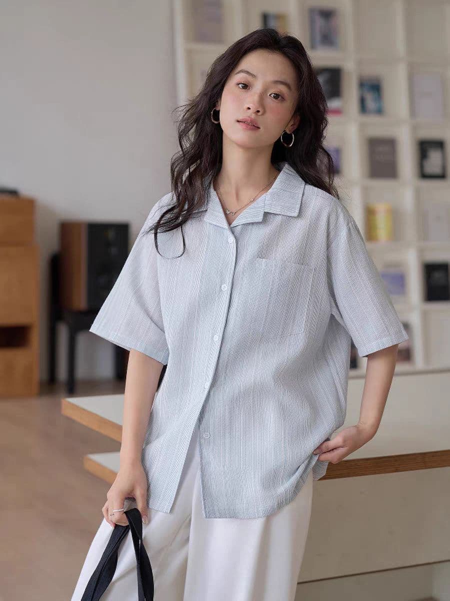 프랑스식 스트라이프 반팔 여성 셔츠 여름 새로운 디자인 센스 작은 대중 쿠바 칼라 셔츠 학원 스타일 파란색 맨위 상세 이미지 6