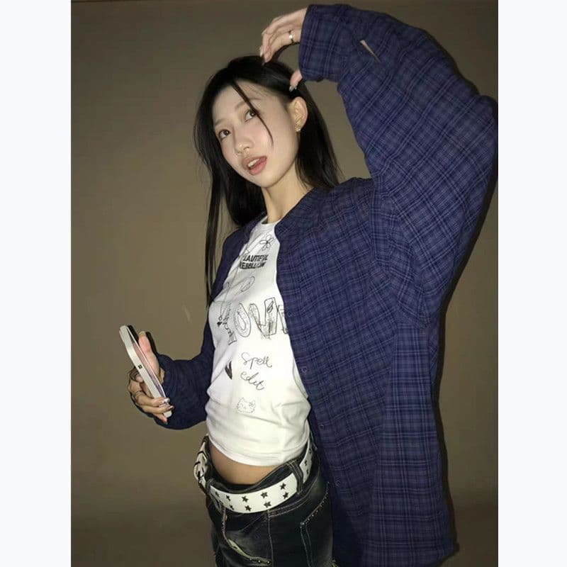 파란색 격자 무늬 셔츠 여성 코트 2026 봄 여름 새로운 프랑스식 레트로 느긋한 바람 긴팔 외출용 셔츠 맨위 이미지 4