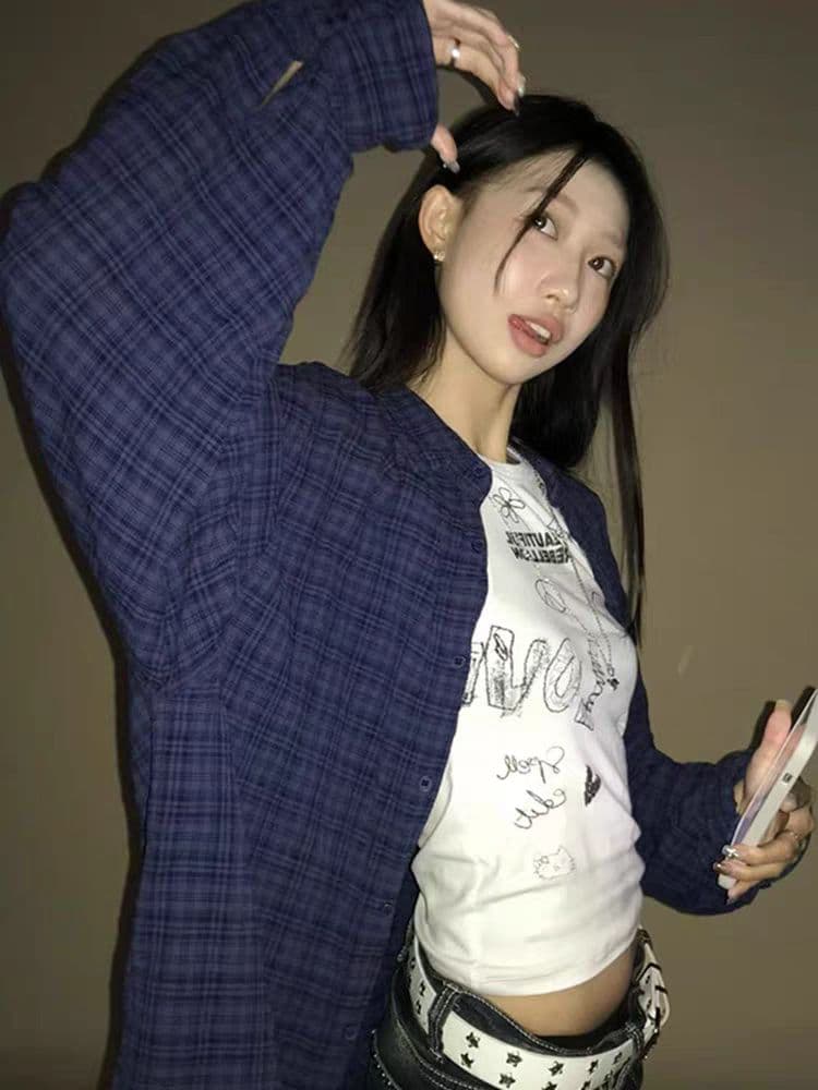 파란색 격자 무늬 셔츠 여성 코트 2026 봄 여름 새로운 프랑스식 레트로 느긋한 바람 긴팔 외출용 셔츠 맨위 상세 이미지 6