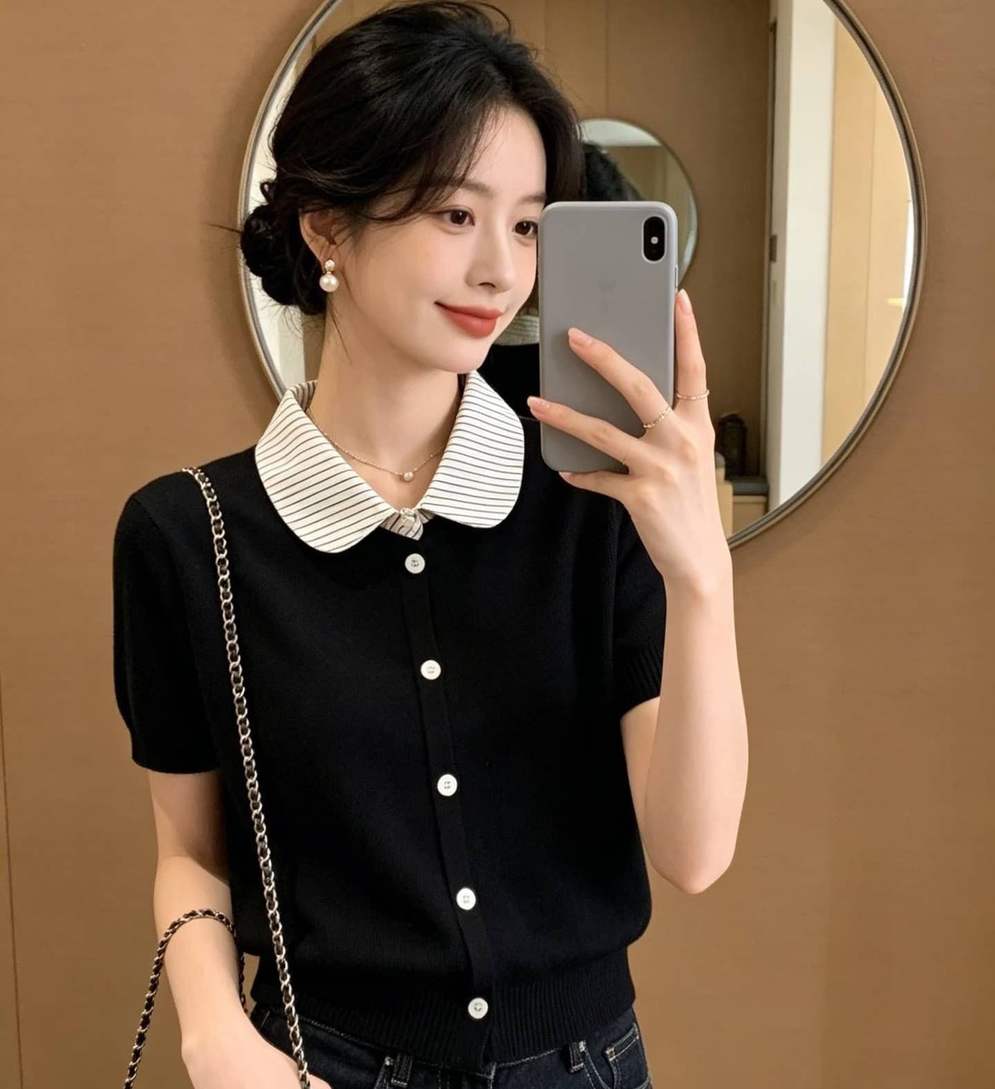 2026 년 여름 새로운 디자인 센스 학원 스타일 수직 기사 셔츠 칼라 패치워크 페이크 레이어드 반팔 오픈 가디건 상세 이미지 2