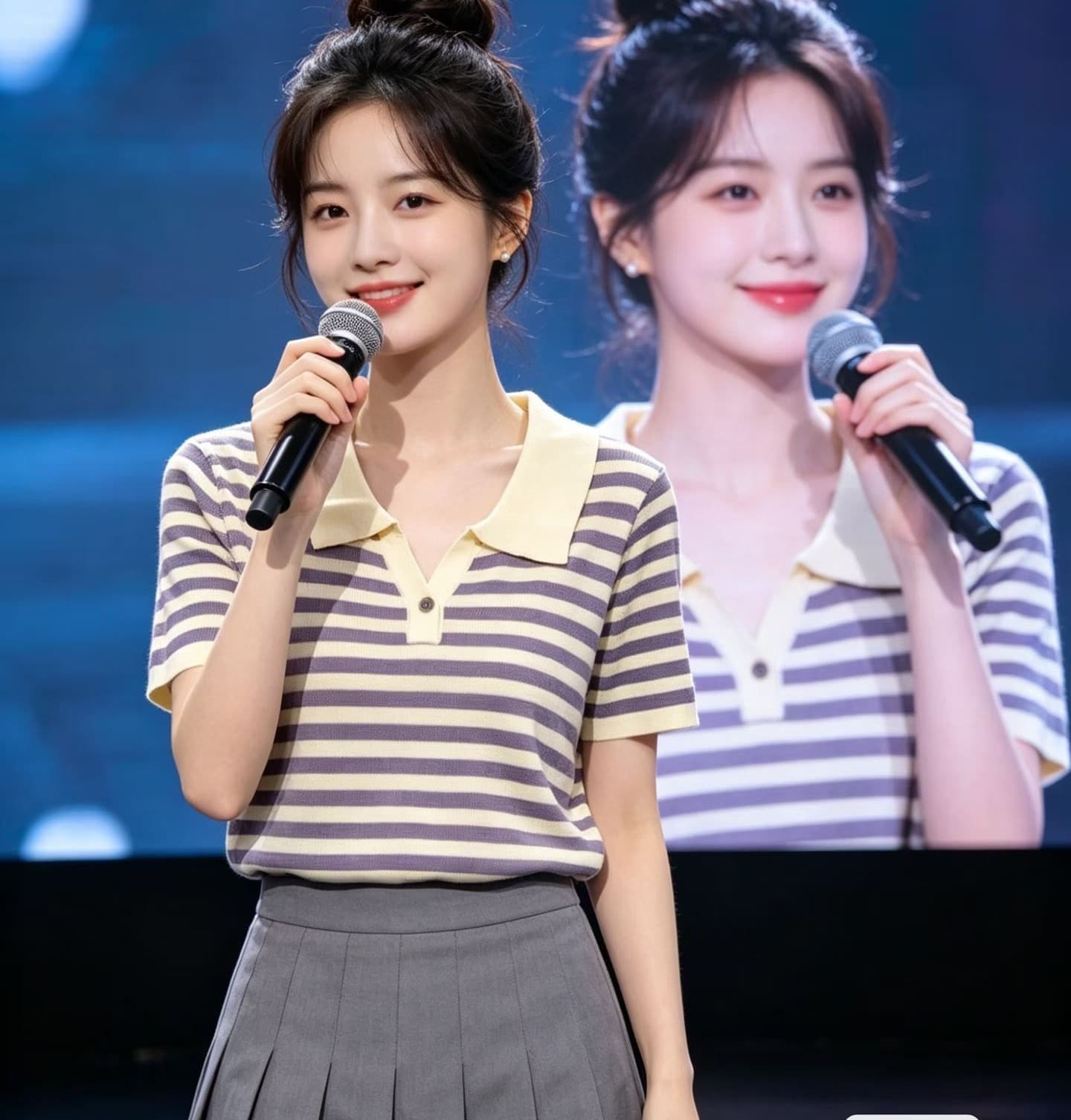 2026 년 여름 새로운 디자인 센스 패션 뒤집다 V넥 배색 스트라이프 니트 루즈핏 풀오버 반팔