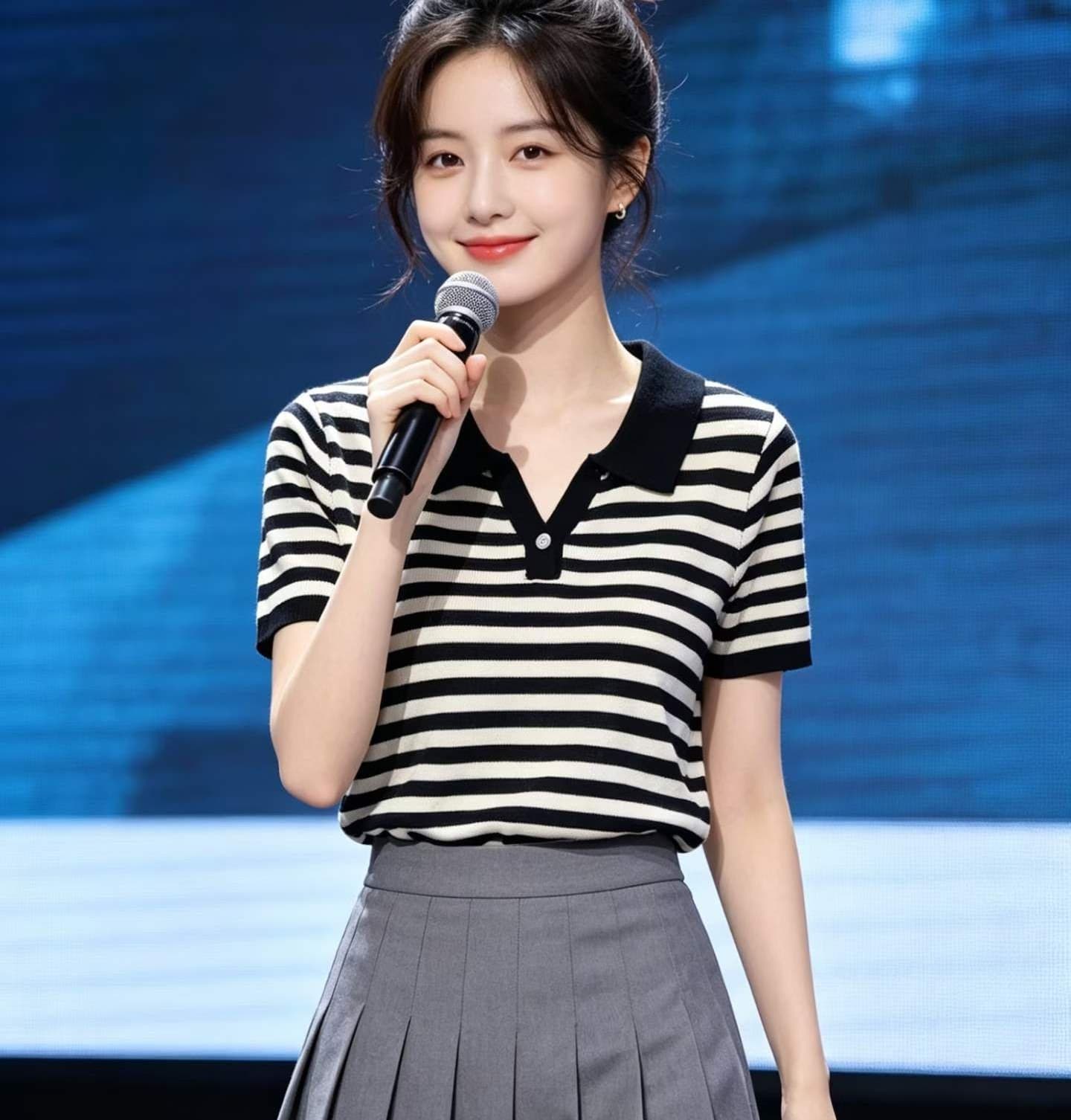 2026 년 여름 새로운 디자인 센스 패션 뒤집다 V넥 배색 스트라이프 니트 루즈핏 풀오버 반팔 상세 이미지 4
