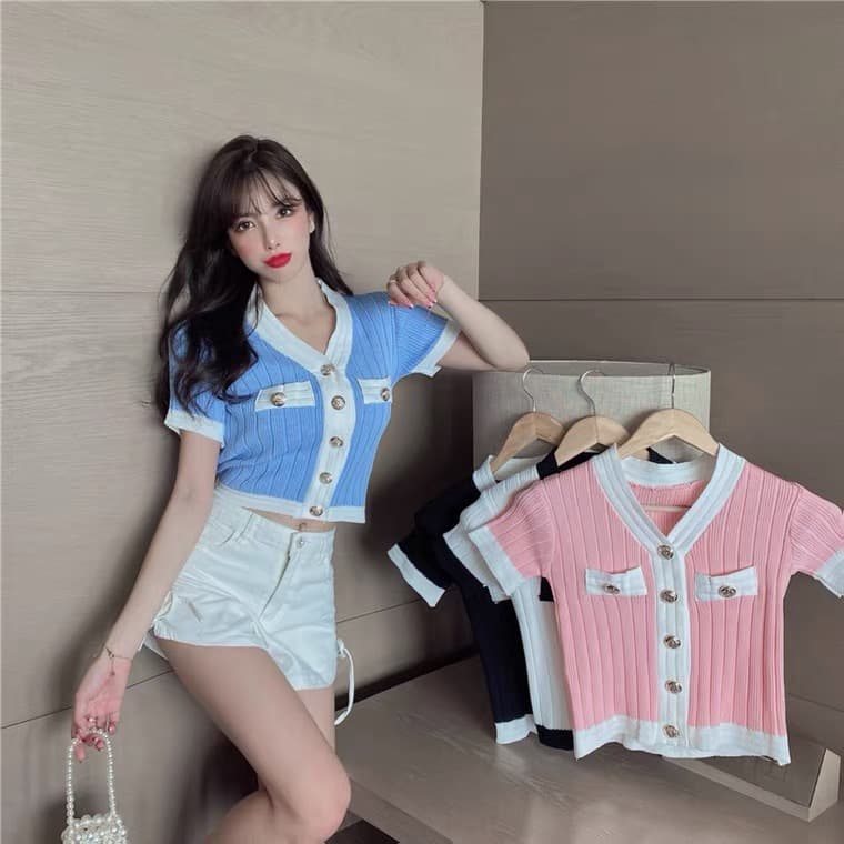 작은 샤넬 스타일 핫걸 연령 감소 니트 오픈 가디건 몸매 가꾸기 반팔 티셔츠 섹시함 V넥 기본 셔츠 디자인 센스 작은 대중 맨위 상세 이미지 7