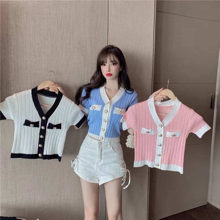 작은 샤넬 스타일 핫걸 연령 감소 니트 오픈 가디건 몸매 가꾸기 반팔 티셔츠 섹시함 V넥 기본 셔츠 디자인 센스 작은 대중 맨위 상세 이미지 9