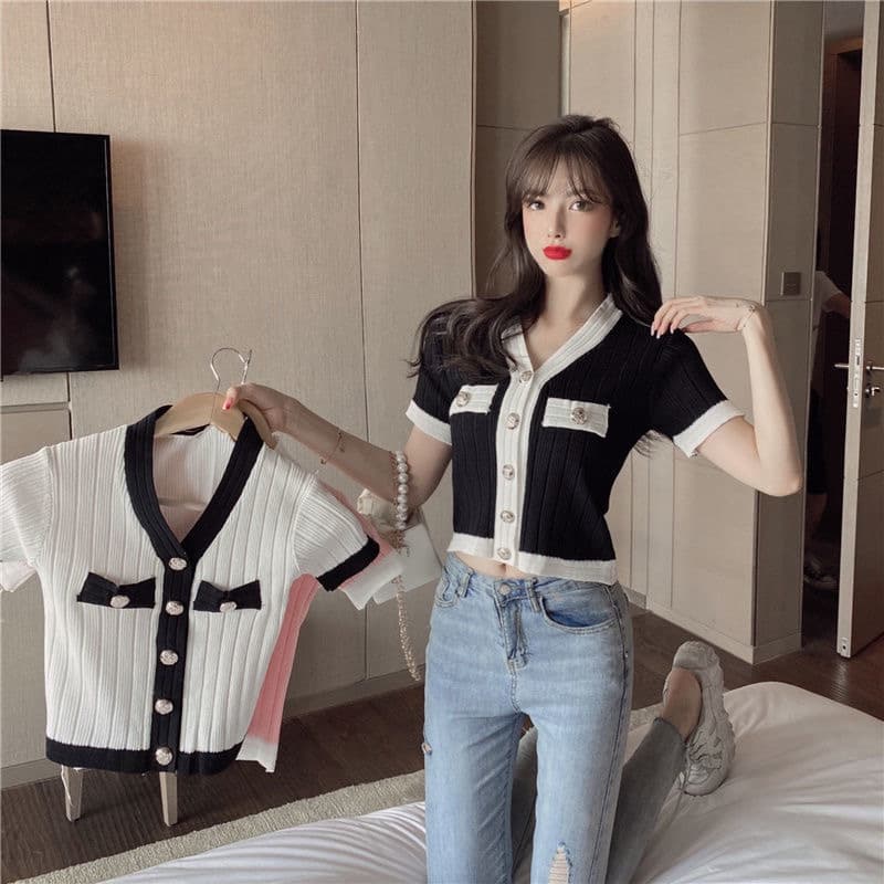 작은 샤넬 스타일 핫걸 연령 감소 니트 오픈 가디건 몸매 가꾸기 반팔 티셔츠 섹시함 V넥 기본 셔츠 디자인 센스 작은 대중 맨위 상세 이미지 10