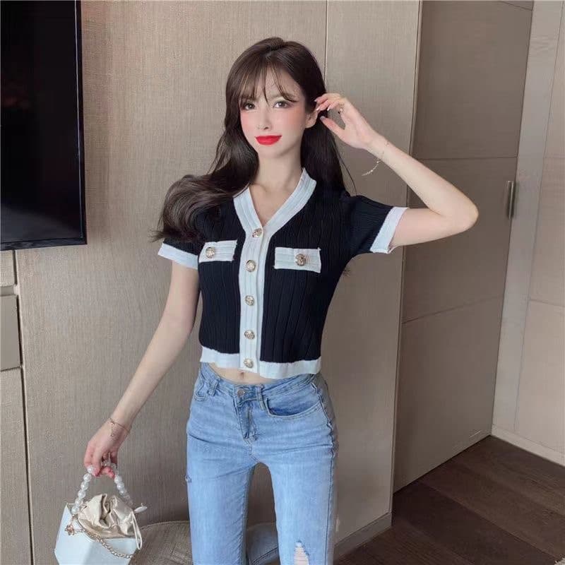 작은 샤넬 스타일 핫걸 연령 감소 니트 오픈 가디건 몸매 가꾸기 반팔 티셔츠 섹시함 V넥 기본 셔츠 디자인 센스 작은 대중 맨위 상세 이미지 16