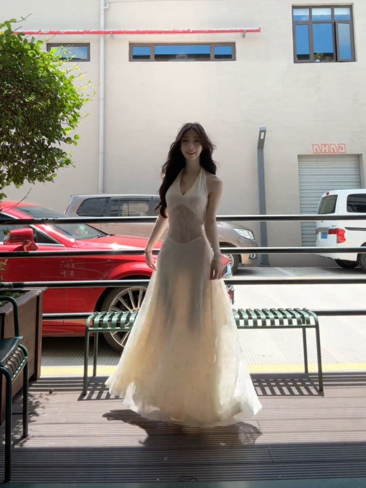 프랑스식 망사 자카드 V넥 행침 목 드레스 여성 의류 여름 해변가 휴가 품격 허리 수축 예복 길다 치마 이미지 3