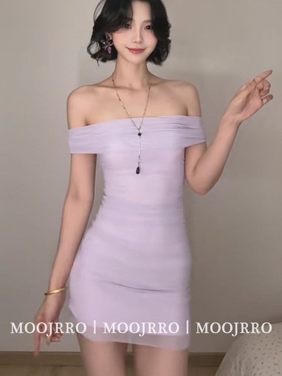 오프숄더 순수한 욕망 반팔 여성 드레스 여름 주름 타이트 허리 수축 치마 디스플레이 몸 핫걸 타이트 스커트 미니 스커트