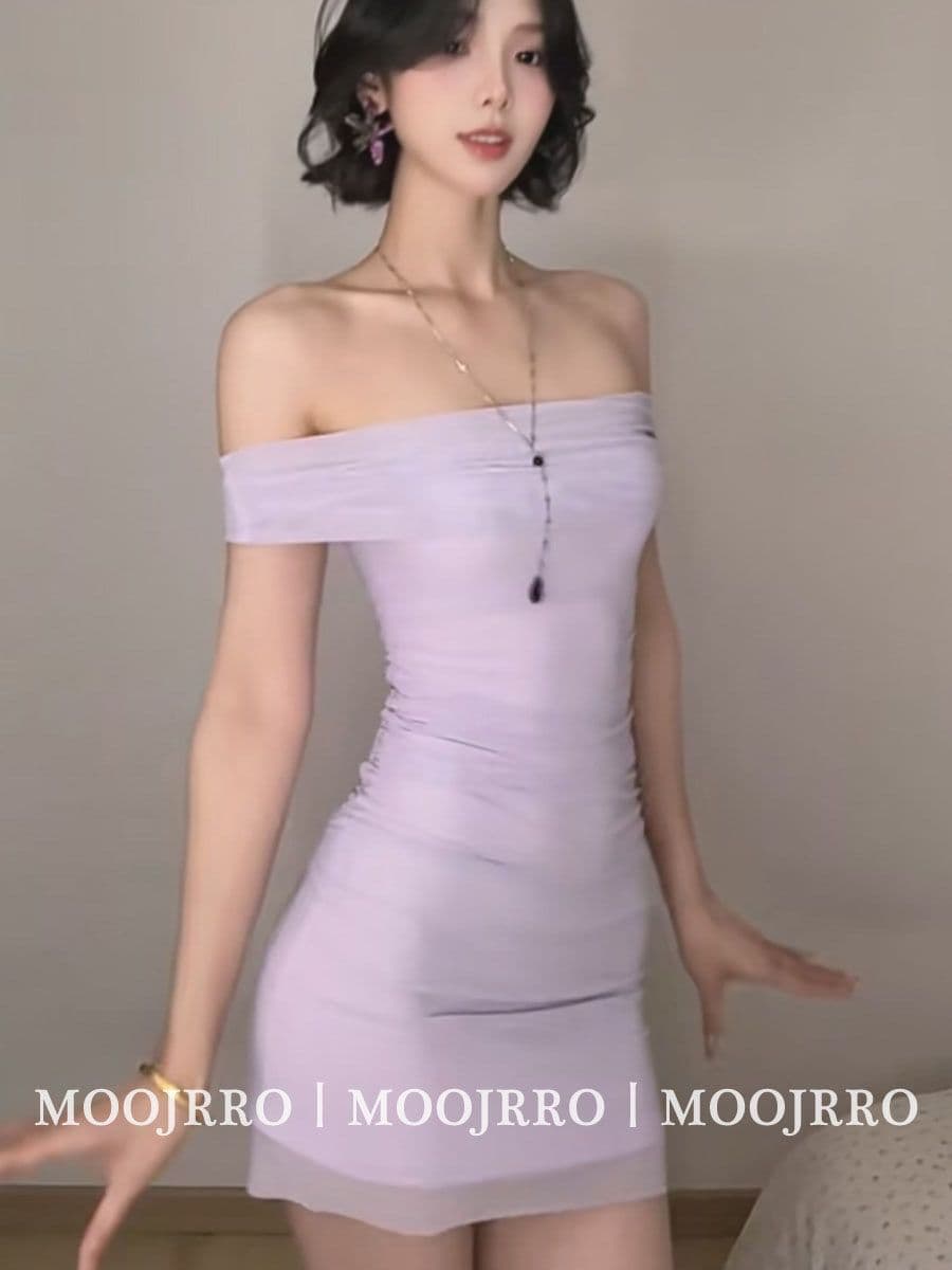 오프숄더 순수한 욕망 반팔 여성 드레스 여름 주름 타이트 허리 수축 치마 디스플레이 몸 핫걸 타이트 스커트 미니 스커트 이미지 2
