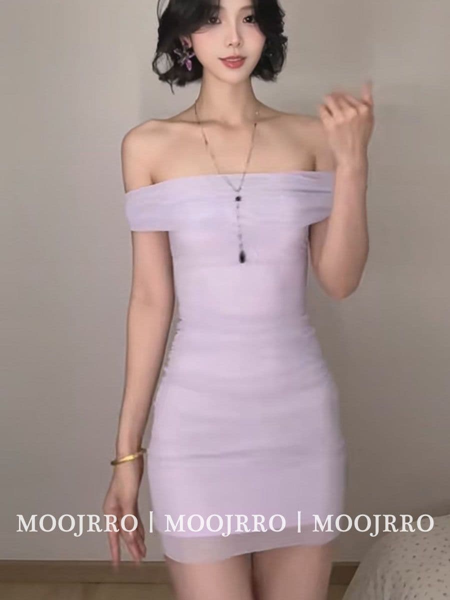 오프숄더 순수한 욕망 반팔 여성 드레스 여름 주름 타이트 허리 수축 치마 디스플레이 몸 핫걸 타이트 스커트 미니 스커트 이미지 4