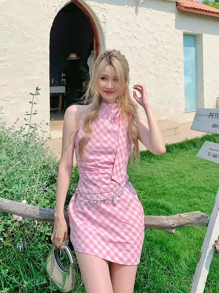 핑크색 체크무늬 나비 매듭 행침 목 여성 드레스 여름 순수한 욕망 핫걸 불규칙 짧은 치마 허리 수축 타이트 스커트 이미지 2