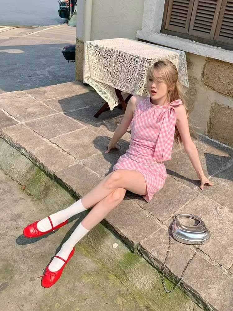 핑크색 체크무늬 나비 매듭 행침 목 여성 드레스 여름 순수한 욕망 핫걸 불규칙 짧은 치마 허리 수축 타이트 스커트 이미지 4