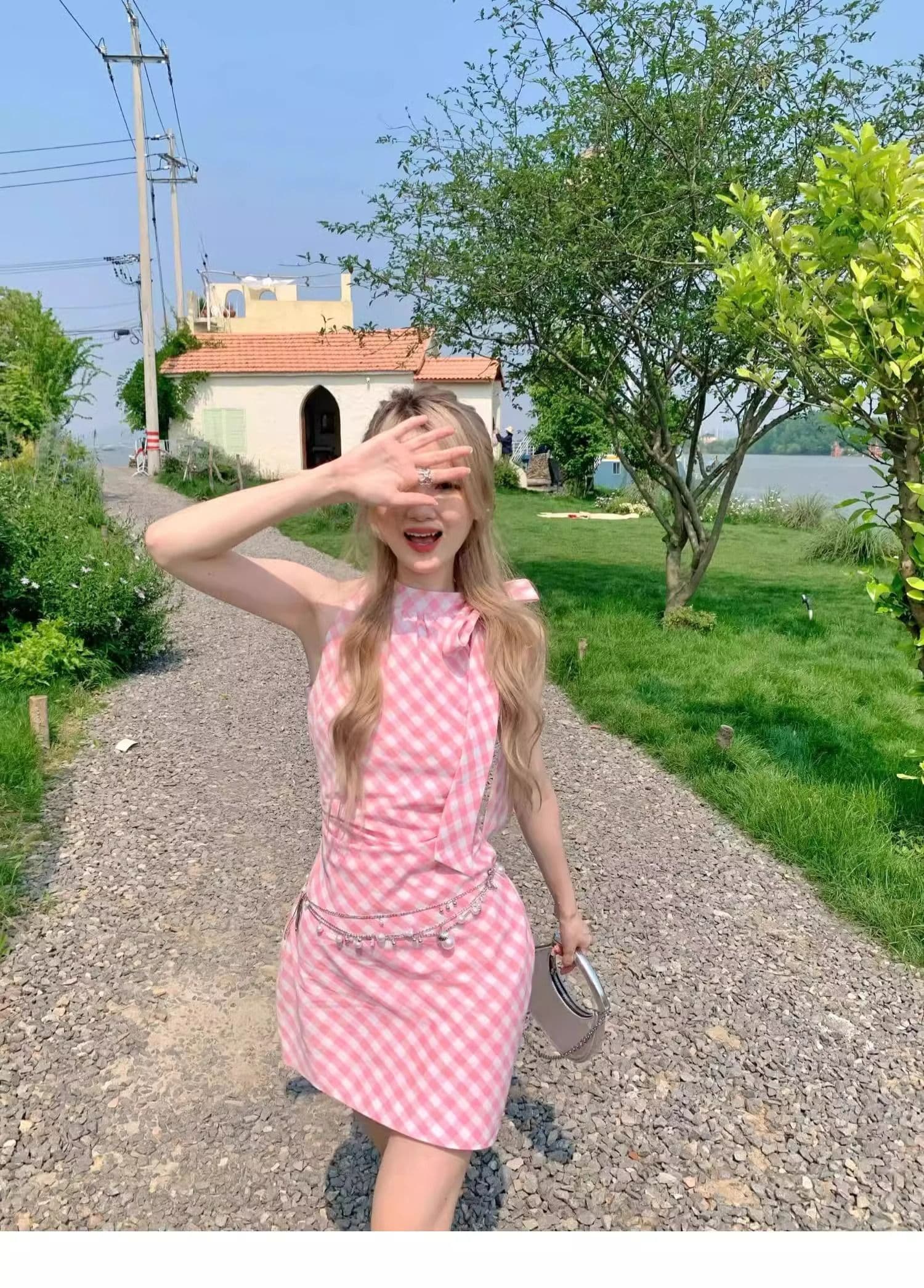 핑크색 체크무늬 나비 매듭 행침 목 여성 드레스 여름 순수한 욕망 핫걸 불규칙 짧은 치마 허리 수축 타이트 스커트 상세 이미지 4