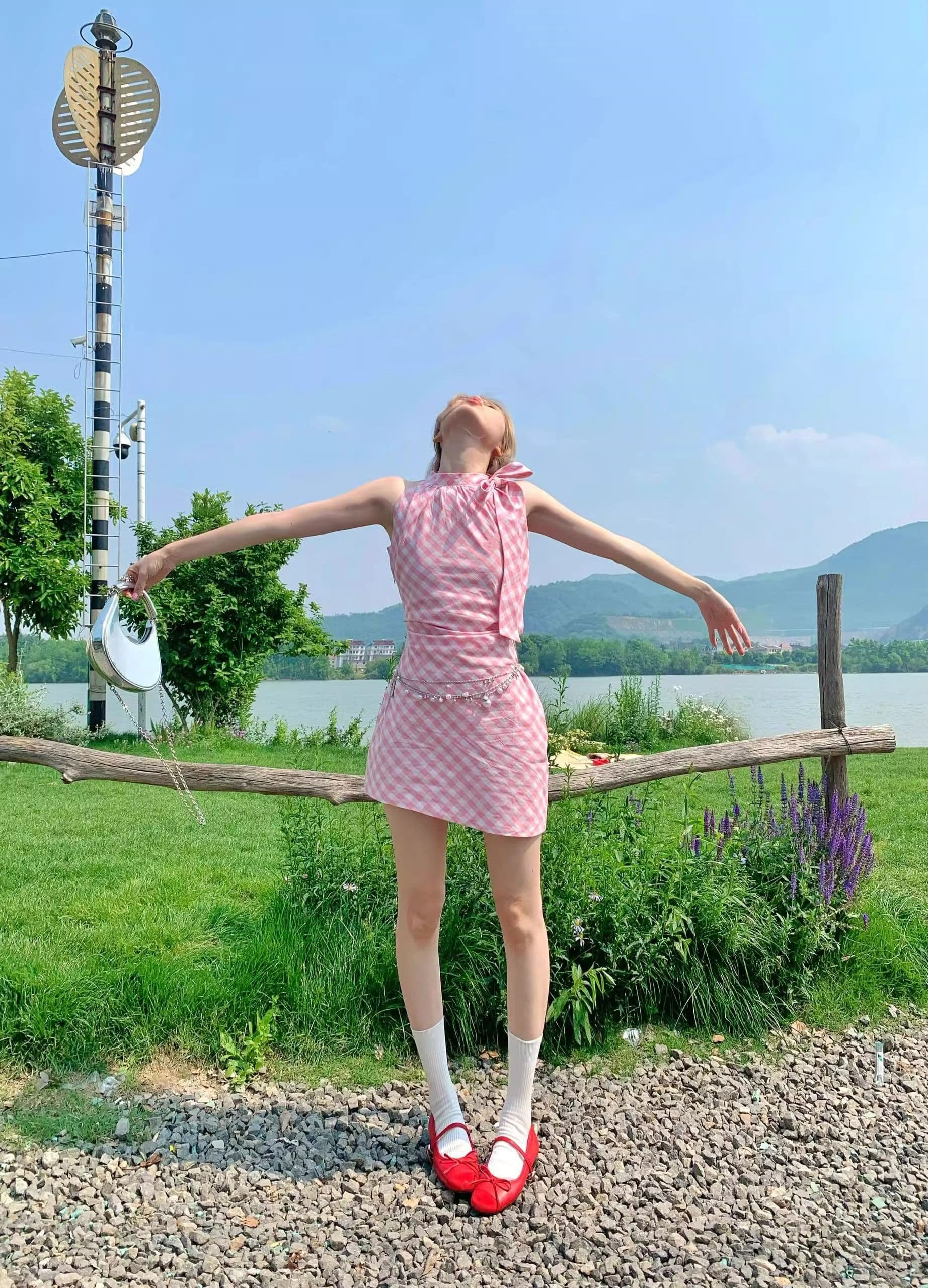 핑크색 체크무늬 나비 매듭 행침 목 여성 드레스 여름 순수한 욕망 핫걸 불규칙 짧은 치마 허리 수축 타이트 스커트 상세 이미지 7