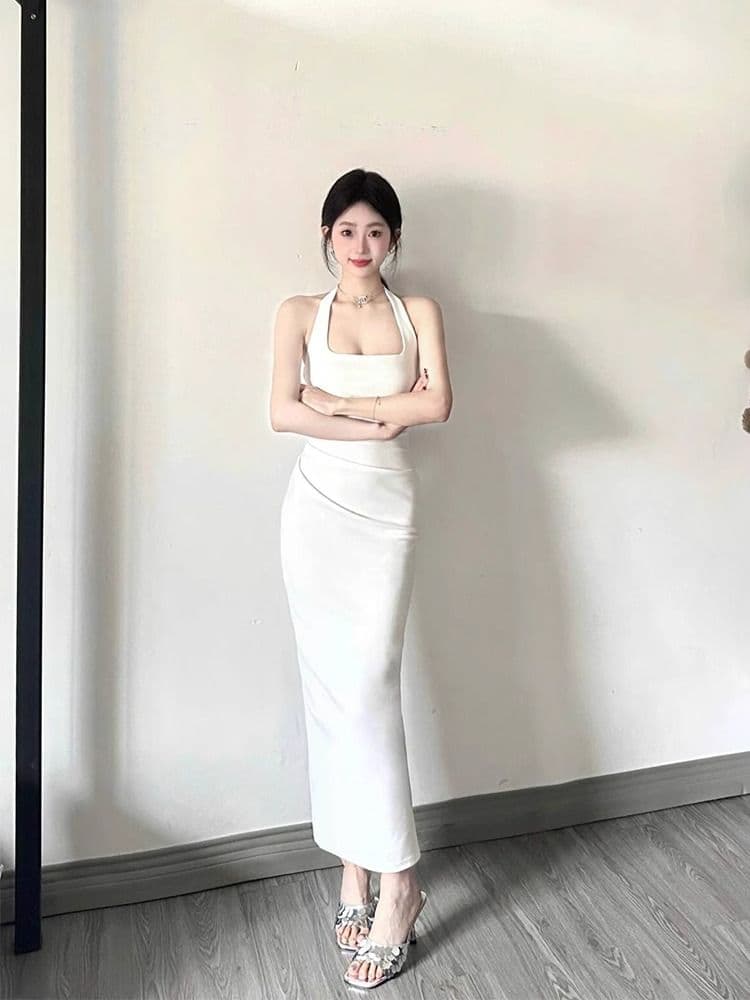 프랑스식 광장 칼라 화이트 행침 목 슬립 드레스 아이들 허리 수축 품격 고급 센스 몸매 가꾸기 휴가 롱 스커트 여름 이미지 2