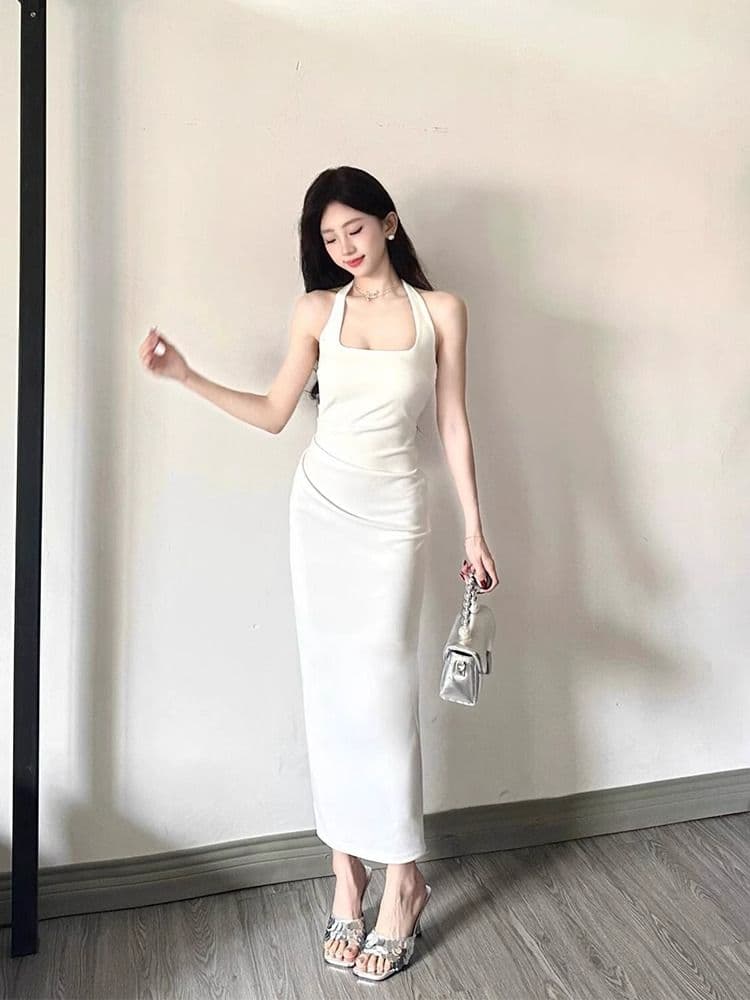 프랑스식 광장 칼라 화이트 행침 목 슬립 드레스 아이들 허리 수축 품격 고급 센스 몸매 가꾸기 휴가 롱 스커트 여름