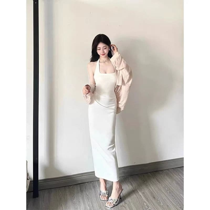 프랑스식 광장 칼라 화이트 행침 목 슬립 드레스 아이들 허리 수축 품격 고급 센스 몸매 가꾸기 휴가 롱 스커트 여름 상세 이미지 8