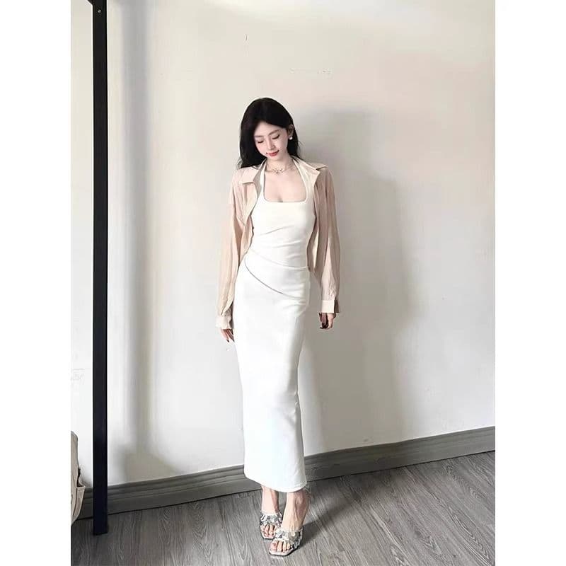 프랑스식 광장 칼라 화이트 행침 목 슬립 드레스 아이들 허리 수축 품격 고급 센스 몸매 가꾸기 휴가 롱 스커트 여름 상세 이미지 9